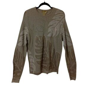 Tricots St Raphael Beige Leaf-Patterned Crewneck Sweater Large 100% Pima Cotton